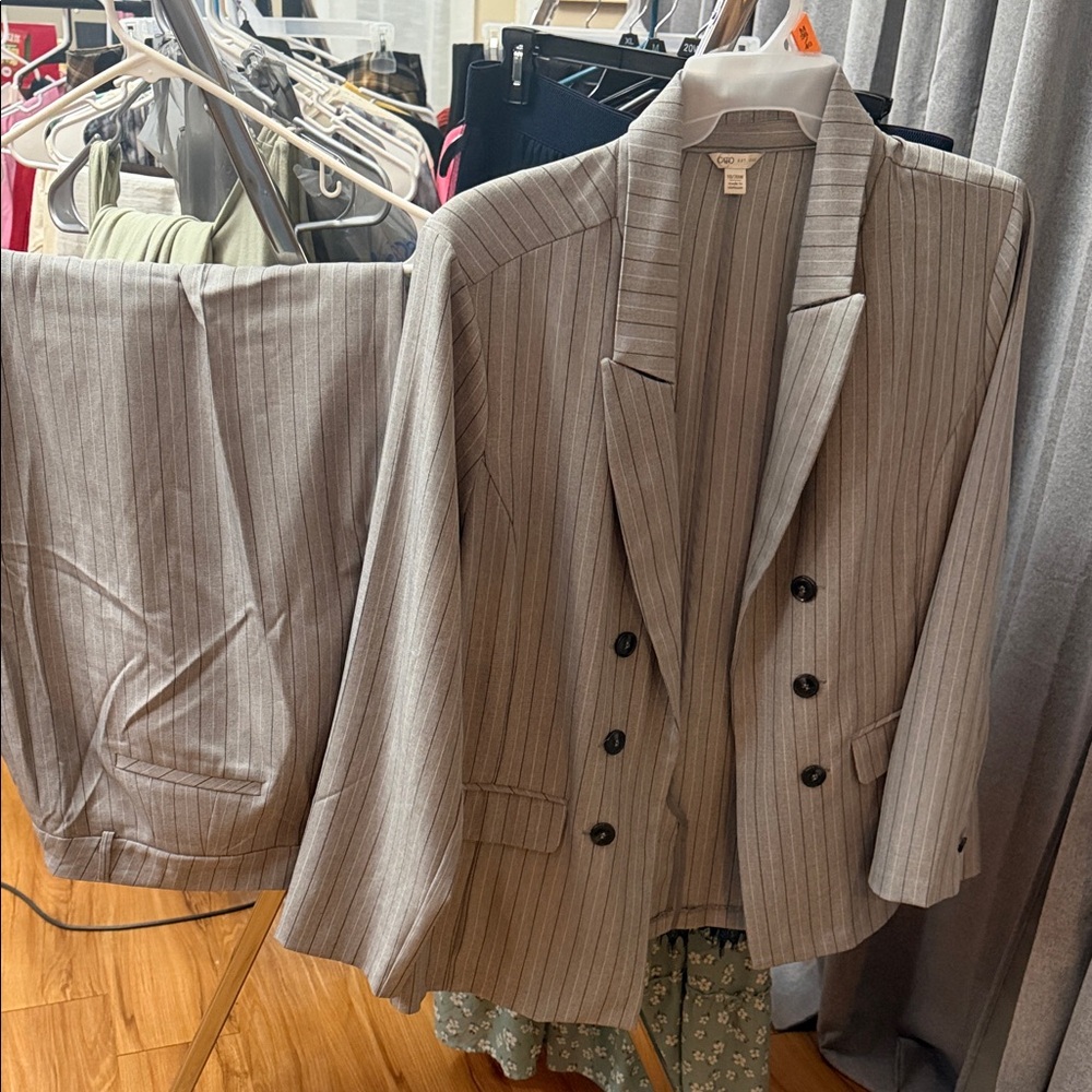 Cato Taupe Pinstripe Double-Breasted Blazer and Pants Suit